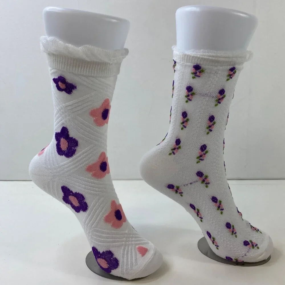Womens Floral Crew Socks 2-Pack Ruffle Cuff White With Purple Pink Design